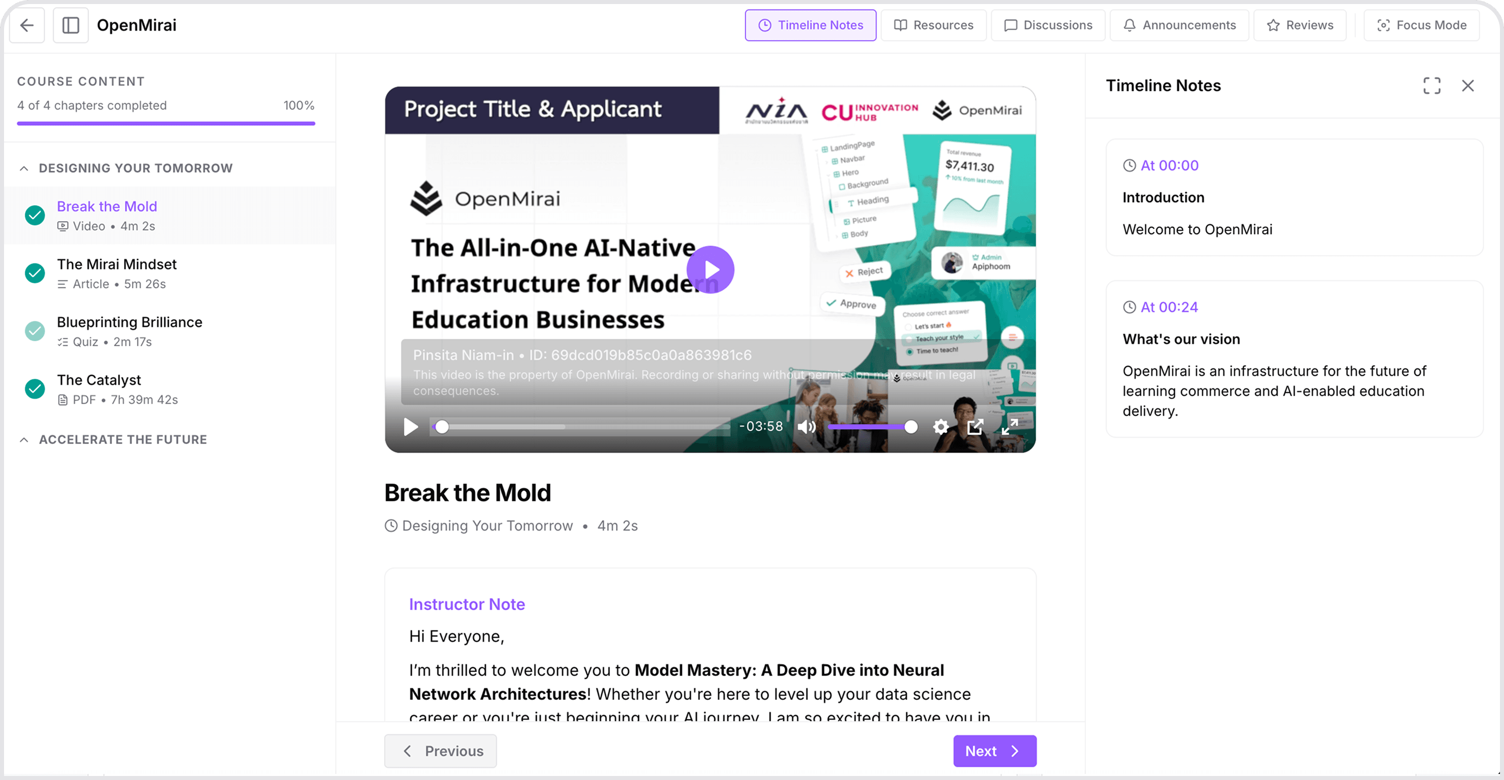OpenMirai LMS course studio with course content, video, and timeline notes